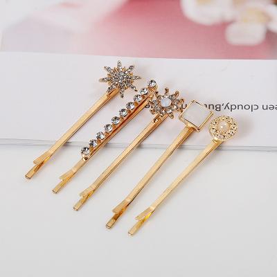 China Simple Gold Rhinestone Metal Vintage Flower Geometric Hairpin Hair Clip For Independent 5pcs/set Card for sale