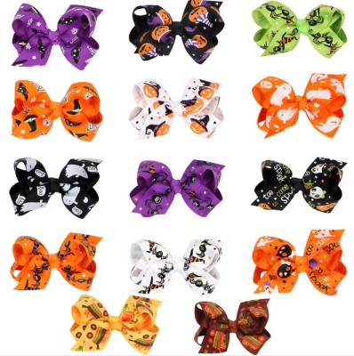 China Winter Halloween Bow Hairpin Cartoon Print Bow Kid Ribbon Fashionable Hair Clip For Party Gift for sale