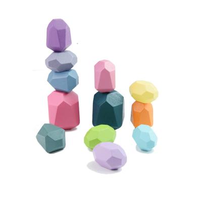 China 100% Eco-Friendly 12pcs Balancing Blocks Stacking Rocks for Kids Natural Wooden Rainbow Stacking and Balancing Stones Educational Preschool Toys for sale