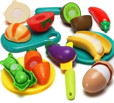 China Preschool Kids Play Set Frozen Cut Food Toy Kitchen Pretend Fruit Vegetables with Basket Mini Dishes and Knife Plastic Educational Toy for Toddler for sale