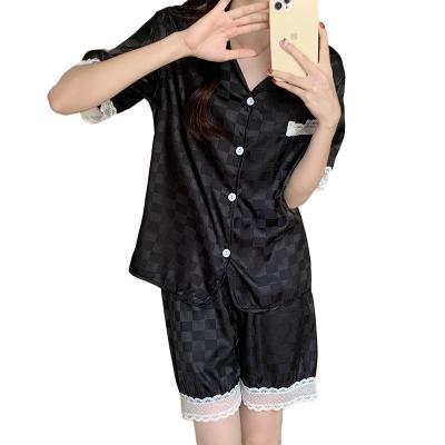 China Wholesale Customized Breathable Imitation Silk Women's Short Sleeve Pajamas And Shorts Home Wear Lace Up Ice Silk Pajamas Quilting Set for sale