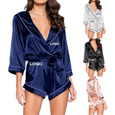 China Women's Sexy Nightgown Women's Satin Pajamas Sleepwear Set Romper Nighties Solid QUICK DRY V-Neckline Long Sleeve for sale