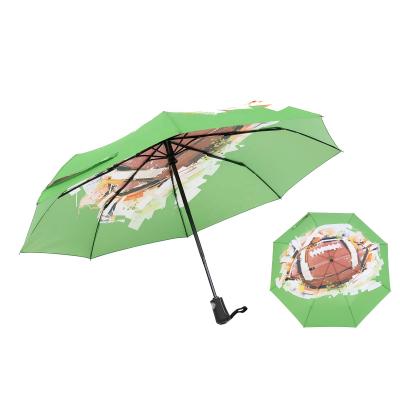 China Design Gift Umbrella Folds 3 Minimalist Lightweight Fancy Green Raincoats With Rugby Logo for sale