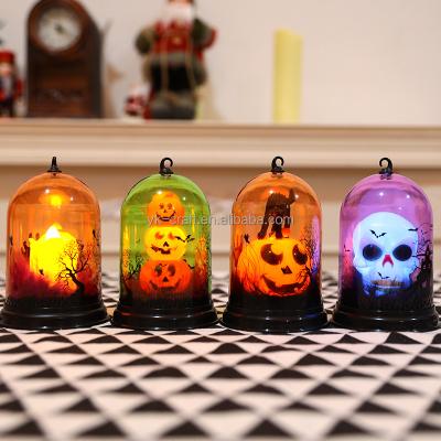 China Scary Halloween Halloween Glass Bell Lamp Wholesale Plastic Decoration Glass Bell With Led Skull Cat Candle Lantern Pumpkin Lights for sale