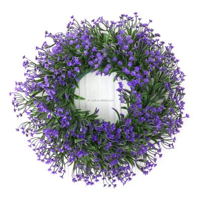 China Home Spring Preserved Flowers Wreath With Green Leaves Purple Artificial Flowers Plastic Wreath 35CM Handmade Hanging Wreath Decor for sale