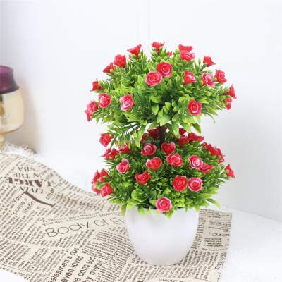 China Hot Sale Home Artificial Flowers Double Layer Small Potted Plants With 5 Colors Faux Potted Mini Bonsai Plastic Plant Home Decor for sale