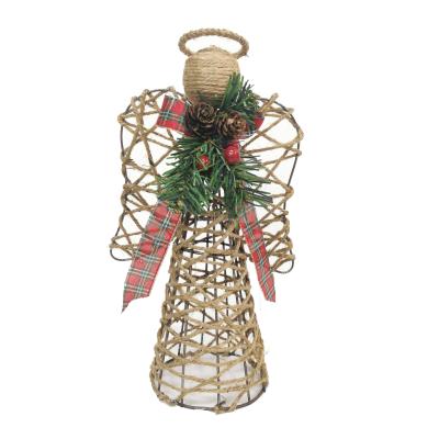 China Wholesale Wicker Decoration Angel Figurine With Linen Bow Christmas Angel Figurine Table Decoration Plastic Christmas Decor Yarn for sale