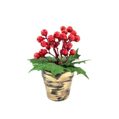 China Red Berry Potted Plant Mini Floral Artificial Christmas Table Decor with Green Leaf Plastic Potted Flowers Stand Small Tree for sale