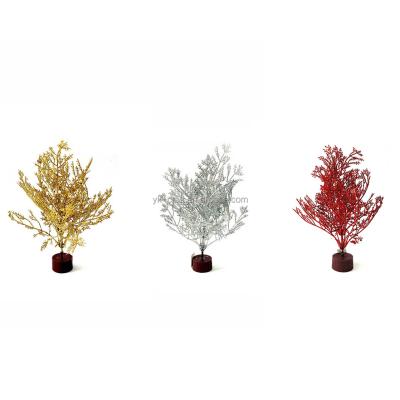 China Mini Tree Table Decor Plastic Xmas Glitter Tree Ornament Artificial Floral Gold Stand Silver Red Tree With Circular Base for sale