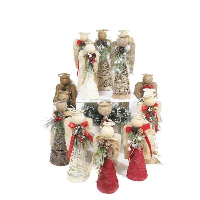 China Wholesale Wicker Line Plastic Decoration Angel Figurine With Linen Bow Xmas Christmas Decoration for sale