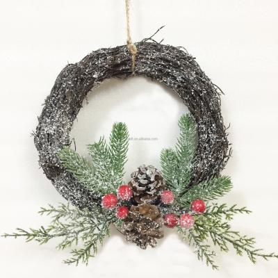 China Natural Wooden Rattan Wreath Ring Garland Decor With Fruit And Pinecone 30CM Christmas Wreath Decorated Artificial Christmas Rattan for sale