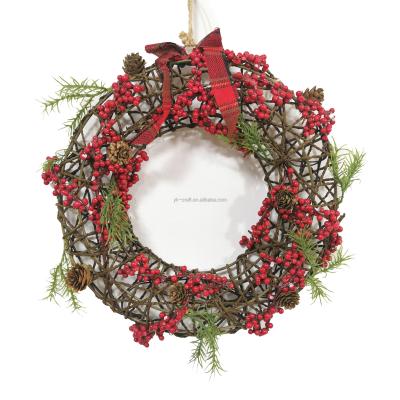 China Artificial Handmade Canvas Garland Bowknot Decor With Red Berry And Pinecone Christmas Xmas Yarn High Quality Circle Garland for sale