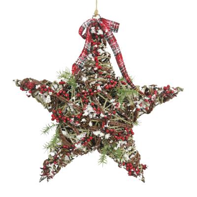 China 2022 Christmas Wreaths Ornaments With Led Wire Iron Wicker Star Shape Garland Door Hanging Decor Berry Wreath for sale