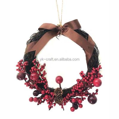 China Decoration 38cm Handmade Artificial Wreath Round Christmas Door Wreath with Bulk Rattan Berry Christmas Wreath Red Ribbon Bow Decoration for sale