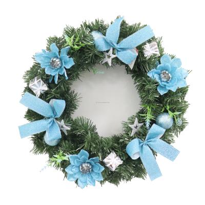 China Christmas PVC Blue Wreath Christmas Hanging Decor Plastic Ring Garland Christmas Wreath Ornament With Blue Bow Simulation of 40 cm wide flowers for sale