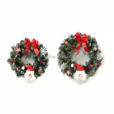 China High Quality Santa Claus Doll Wreath With Red Snow Ribbon Bow Christmas Rayon Ring Decoration Christmas Wreath Pvc Door Decoration for sale