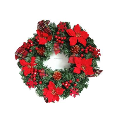 China Artificial Christmas Wreath PVC Flannel Poinsettia Garland Decoration Wire Based Wreath with Plastic Pine Cones for sale