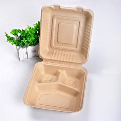 China Cheap Sustainable Sugarcane Pulp Lunch Meal 9 Inch 3 Compartment 1350ml Clamshell Food Take Out Box Disposable for sale