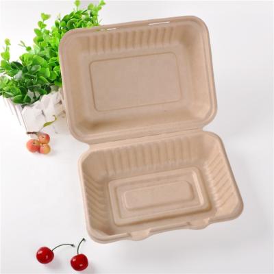 China Disposable Biodegradable Bagasse Fast Food Container 9x6 Inch 950ml Clamshell Rectangular Paper Lunch Box for sale