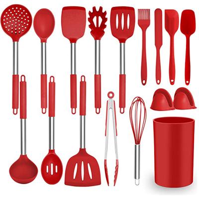 China Sustainable Universal Simple Useful Red Stain-Resistant Silicone Kitchen Utensils Set Kitchen Cooking Instrument With Rack Best Gift for sale