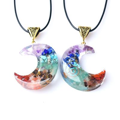 China Africa Crescent Moon Necklace Resin Seven Chakras Reiki Crystal Gravel Pendant natural for sale