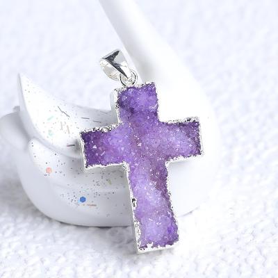 China Natural Colorful Africa Crystal Cross Pendant Gems Electroplate Necklace Jewelry Gift for sale