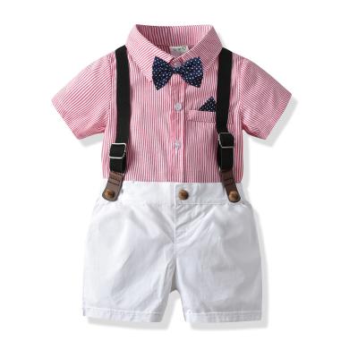 China Vintage Infant Baby Boy Summer Clothing Kid Clothes Stripe Formal Romper Gentleman Suit Sets Tuxedo Pants Overall Outfits for sale