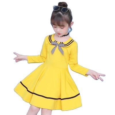 China 2021 Summer New Children's Wear Breathable Cotton Stretch Sleeve Dress Autumn Pure Color Bow Tie Long Girls Dress Girls Korean Version for sale