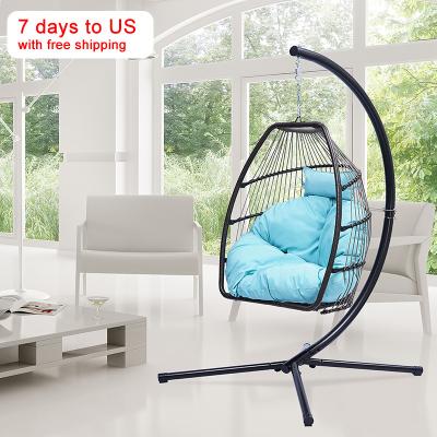 China Modern Indoor Outdoor Blue Wicker Chair Wicker Swing Rattan Swing Rattan C Bracket Folding Patio Hanging Chair With Stand for sale