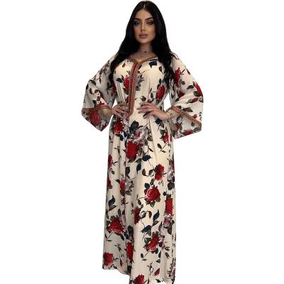 China Long Dress Ladies Polyester Dubai Satin Elegant Muslim Dress Muslim Outdoor Casual Floral Printing Arabic Abaya Latest Design for sale