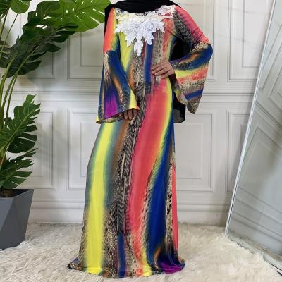 China 2022 Viable Colorful Printed Long Sleeve Maxi Dress Cuff Flare Summer Dress Beautiful Floor Length For Plus Size Ladies for sale