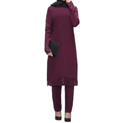 China New Style Solid Baju Kurung Polyester Two Pieces With Perforated Edge Design Trim Muslim Baju Suit Product for sale