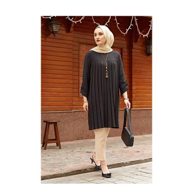 China 2022 Breathable Wholesale Solid Pleated Muslim Abaya Fabric Fashion Muslim Top Long Sleeve Women Tops Product for sale