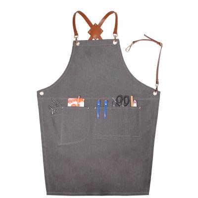 China Men's and women's denim leather apron restaurant coffee shop denim barbecue apron eco-friendly leather hairstylist aprons with leather straps for sale