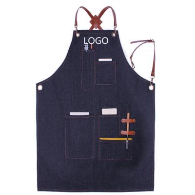 China High Quality Eco-friendly Cafe Restaurant BBQ Denim Hairdresser Chef Apron With Leather Straps for sale