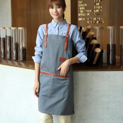 China 2020 china factory bib denim canvas apron fashion design hairdresser apron drinks/food with leather strap for sale