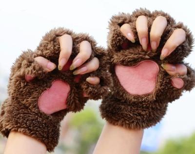 China Cat Claw Paw Mitten Plush Glove Winter Soft Cute Women's Cute Soft Warm Gloves Suit Female Soft Half Finger Mittens for sale