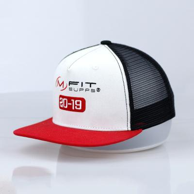 China JOINT Promotional 5 Panel Hat Adult Snapback Structured Black Flat Mesh Back Embroidery Logo Red Sports Hat for sale