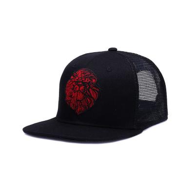 China OEM Custom High Quality Plastic JOINT Logo Flat Brim Black Mesh Snapback Hat 6 Panel Hat 6 Panel Plastic Buckle Text Embroidery Hats for sale