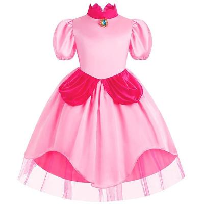 China Breathable Wholesale Children's Princess Peach Dress Super Mario Peach Girls Halloween Costume Cosplay Dress Short Sleeve for sale