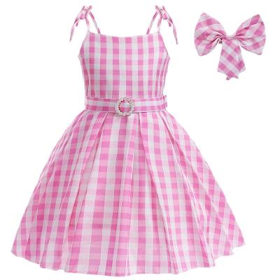 China Polyester / Cotton Sweet Pink Bow Tie Strap Swing Dress - Summer Plaid Strap Swing Dress for Women and Baby Girls for sale