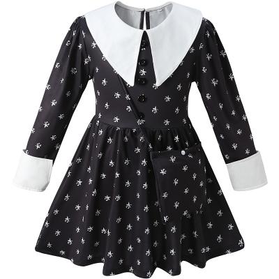 China Breathable Printed Shredded Milk Halloween Girls Peter Pan Collar Swing Black TV Movie Dress For Girl for sale