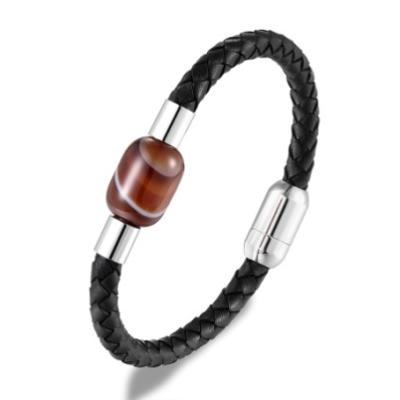 China Fast Delivery Wholesale Stainless Steel Jewelry Handmade Braided Men's Leather Bracelet With Natural Agate Stone Charm for sale