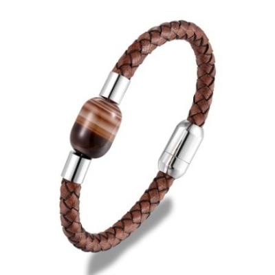 China Fast Delivery Stainless Steel Jewelry Handmade Braided Men's Hot Selling Leather Bracelet With Natural Agate Stone Charm for sale