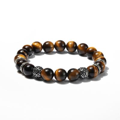 China Quick Delivery 10mm Natural Stone Charm Tiger Eye Beads jewelrt Stainless Steel Bracelet With Bead for sale