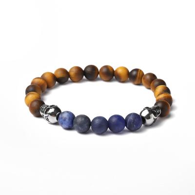 China Fast Delivery Fashion Jewelry 2021 8mm Matte Yellow Tiger Eye Stone Skull Steel Charm and 8mm Matte Sodalite Beads Bracelet Stainless Steel for sale