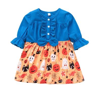 China 2021 New Design Breathable Flare Sleeves Bow Decoration Printing Halloween Girls Dress for sale