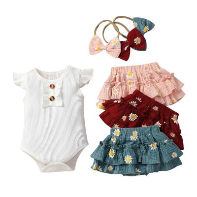 China Breathable Summer Sheer Color Short Sleeve Tops And Shorts Three Piece Set Baby Clothes for sale