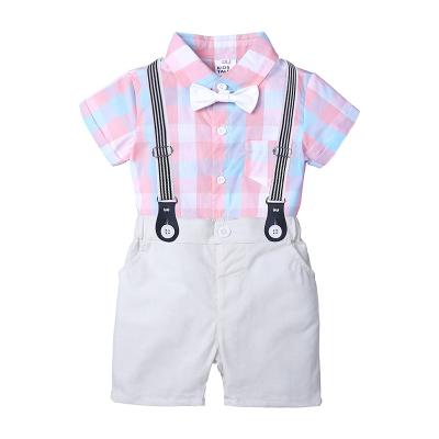 China Breathable Summer Plaid Printing Short Sleeve Tops And Suspender Shorts Baby Boy Clothing Sets for sale