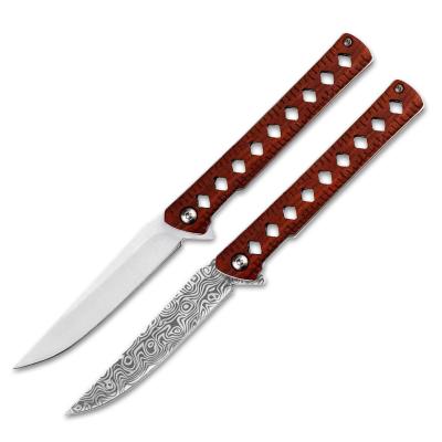 China Easy Carry Outdoor EDC Damascus Engraved Pocket Knife Wooden Handle Camping Survival Knife for sale